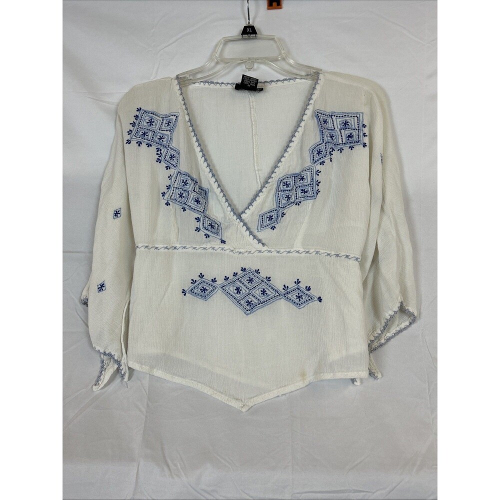 Passport Cream& Blue Tribal Ethnic Tunic TOP Sz L Passport Handkerchief Sleeves - Picture 12 of 13